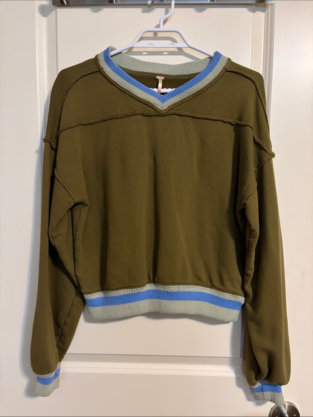 Free People Olive V-Neck Sweater with Blue and Cream Trim
